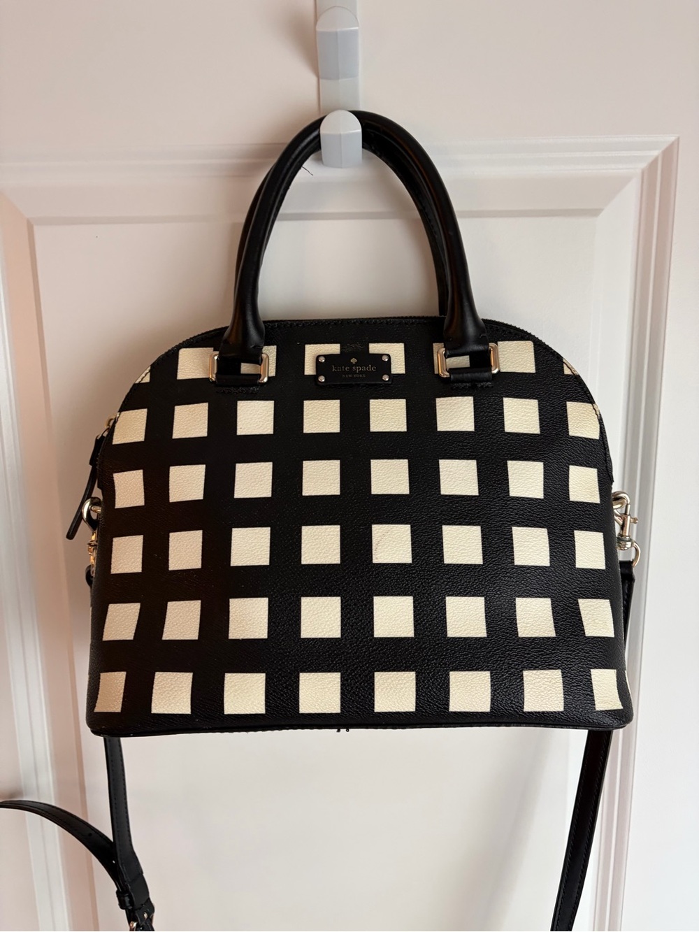 kate spade Black and White Grove Street Checker Carli Dome Satchel Crossbody